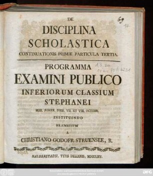1,3: Programma Examini Publico Inferiorum Classium Stephanei Hor. Pomer. Dier. VII. Et VIII. Octobr. Instituendo Præmissum