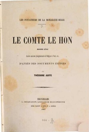 Le comte le hon : ministre d'état ; ancien ministre plénipotentiaire de Belgique à Paris, etc.