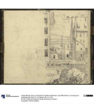 Blick aus Menzels Schlafzimmerfenster in der Ritterstraße, im Vordergrund Holzlagerplatz