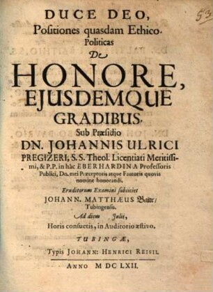 Positiones quasdam ethico-politicas de honore eiusdemque gradibus