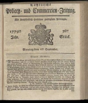 36tes Stueck, Montag den 6ten September. 1779