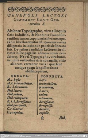 Benevoli Lectori Conradus Leius Orocrenius S.