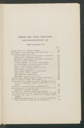 Índice del tomo trigésimo (septiembre-diciembre, 1922)