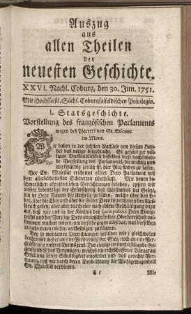 XXVI. Nachl. Coburg, den 30. Jun. 1751.