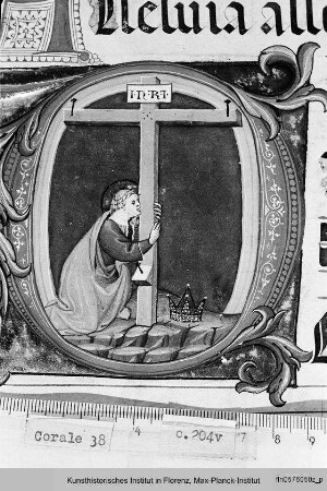 Buchseite mit Text, Neumen, Fleuronné-Initiale A(lleluia) sowie der historisierten Initiale D(ulce), darin die Anbetung des Kreuzes durch die heilige Helena - Corale