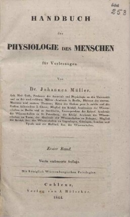 Handbuch der Physiologie des Menschen : für Vorlesungen. Teil: 1