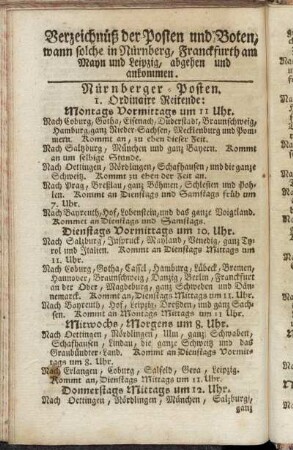 Verzeichnüß der Posten und Boten, wann solche in Nürnberg, Franckfurth am Mayn und Leipzig, abgehen und ankommen.