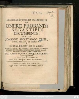 Dissertatio Juridica Inauguralis De Onere Probandi Negantibus Incumbente