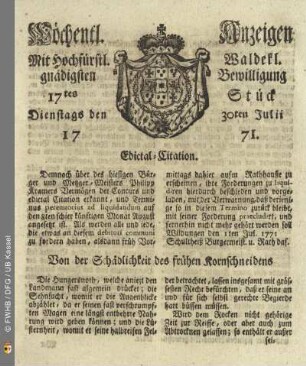 17tes Stück, Dienstags den 30ten Julii 1771