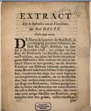 Extract Uyt de Instructie van de Vierschare der Stad Delft : Folio 102 verso