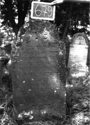 Grabstein 679 (Index: 100104889) Material: Sandstein Zustand: stark bewachsen, angewittert Maße HxBxT: 120x56x9 cm Beschreibung: Stele, eingezogener Rundbogenabschluss, Schriftfeld eingetieft mit Konvexbogenabschluss: Grabstein 679