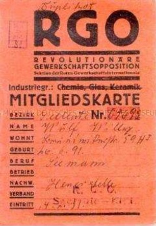 Mitgliedskarte der RGO von Willy Wulf