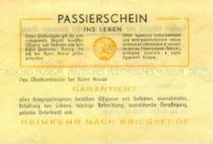 Sowjetisches Abwurf-Flugblatt für die Soldaten im Kessel Pommern-Danzig mit der Aufforderung, den Kampf einzustellen (mit Passierschein).