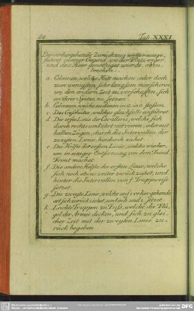Tab. XXXI. Der vorhergende Zurückzug weiter ausgeführet in einer Gegend, wo der Platz enger und das Heer genöthiget wurde, abzubrechen