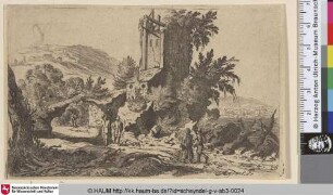 [Fußgänger auf einem Pfad entlang Ruinen; Pedestrians on Path by Ruins and a natural Arch]