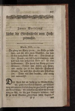 Zwote Vorlesung. Ueber die Gleichnißrede vom Hochzeitmahle.