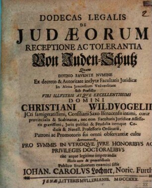 Dodecas Legalis De Judaeorum Receptione Ac Tolerantia : Von Juden-Schutz