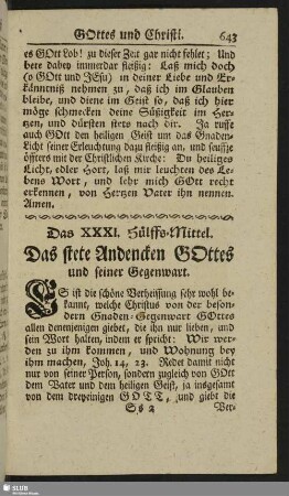 Das XXXI. Hülffs-Mittel. Das stete Andecken Gottes und seiner Gegenwart