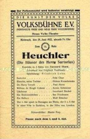 Theaterprogramm der Volksbühne e.V. (Vereinigte freie und neue freie Volksbühne) für "Heuchler" von Bernard Shaw