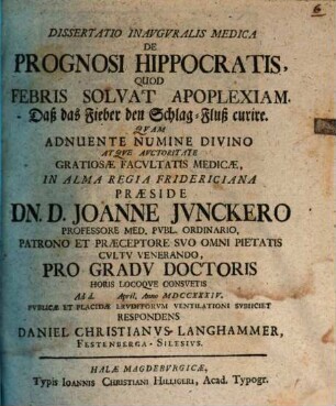 Diss. inaug. ... de prognosi Hippocratis, quod febris solvat apoplexiam
