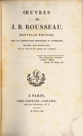 Oeuvres de J. B. Rousseau : avec un commentaire historique et littéraire, précédé d'un nouvel essai sur la vie et les écrits de l'auteur, 4