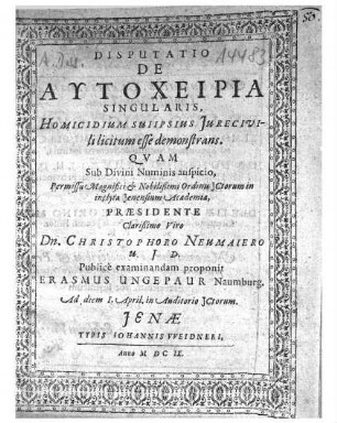 Disputatio de autocheiria singularis, Homicidium sui ipsius Jure civili licitum esse demonstrans
