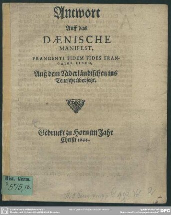 Antwort auff das dänische Manifest