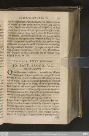 Epistola LXVI. Mediolanum. Io. Bapt. Sacco, V. C. Senatui à Secretis.