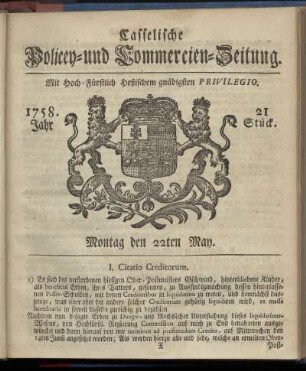 21. Stueck, Montag den 22ten May 1758