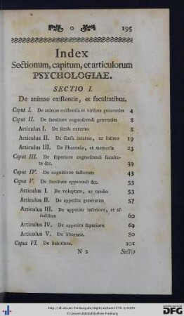 Index sectionum, capitum et articulorum Psychologiae.