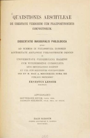 Quaestiones Aeschyleae de ubertate verborum cum praepositionibus compositorum : Diss. inaug. philol.