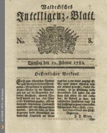 No. 8, Dienstag den 19. Februar 1782