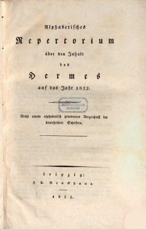 Hermes oder kritisches Jahrbuch der Literatur. 1822, Register