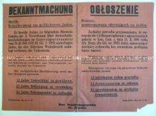 Maueranschlag aus dem besetzten Polen mit der Androhung harter Strafen für die Beherbergung von "geflüchten Juden" (zweisprachig)