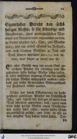 Eigentlicher Bericht von sechs heiligen Messen.
