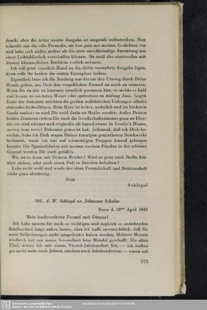 August Wilhelm von Schlegel an Johannes Schulze, Bonn, 18.04.1842