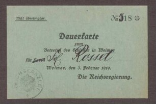 Dauereintrittskarte in das Schloss Weimar für Frl. Rosset
