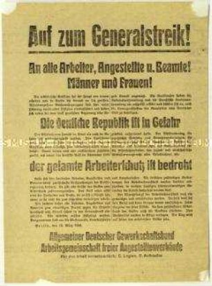 Aufruf der Gewerkschaftsverbände zum Generalstreik gegen den Lüttwitz-Kapp-Putsch