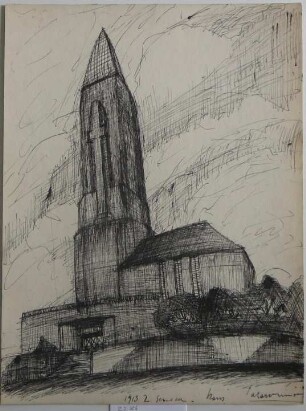 [Kirche mit monumentalem Turm und Vorhalle]