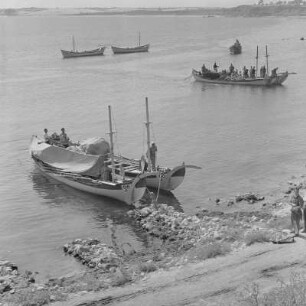 Fischerboote im Hafen von Nessebar. Heimkehrende Küstenfischer auf dem Schwarzen Meer, an der Bucht von Burgas