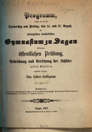 Programm des Königl. Katholischen Gymnasiums zu Sagan : über das Schuljahr ..., 1872/73