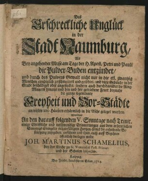 Das Erschreckliche Unglück in der Stadt Naumburg, Als Bey angehender Messe am Tage der H. Apost. Petri und Pauli die Pulver-Buden entzündet, und durch des Pulvers Gewalt nicht nur in die etl. zwantzig Menschen elendiglich zerschmettert und getödtet, und viele Gebäude in der Stadt beschädiget oder angestecket, sondern auch durch das über die Ring-Mauern hinaus und hin und her getriebene Feuer beynahe die gantze sogenannte Freyheit und Vor-Städte an vielen 100 Häusern erbärmlich in die Asche geleget wurden : Worüber An den darauff folgenden V. Sonntage nach Trinit. einige Christliche und nothwendige Erinnerungen aus dem ordentlichen Sonntags-Evangelio ... anführen und thun, auch auff Begehren öffentlich darlegen wolte Joh. Martinus Schamelius, bey der Kirche zu St. Wenceslai Past. Primar. und der Schulen Inspector
