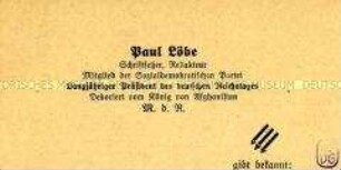 Handzettel im Layout einer Visitenkarte von Paul Löbe mit Wahlpropaganda der NSDAP