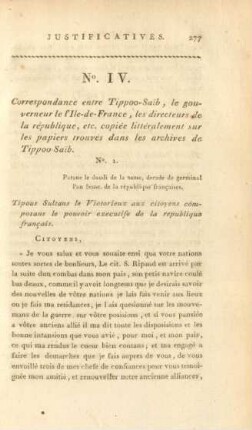 No. IV. Correspondance entre Tippoo-Saib, ...
