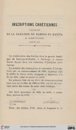 Sér. 3: Inscriptions chrétiennes provenant de la basilique de Damous-el-Karita à Carthage : 1890 et 1891
