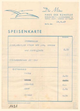 Menükarte : Speisekarte, Die Möwe, Haus der Künste