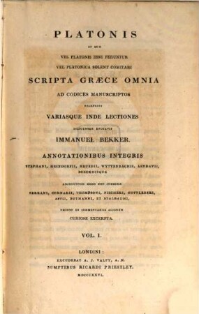 Platonis et quae vel Platonis esse feruntur vel Platonica solent comitari scripta Graece omnia ad codices manuscriptos, 1