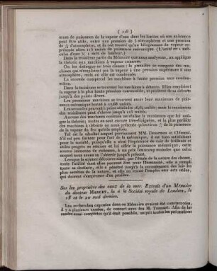 Sur les propriétés des eaux de la mer. Extrait d´un Mémoire du docteur Marcet, lu à la Société royale de Londres, le 13 et le 20 mai dernier.
