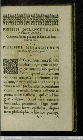Philippi Melanchthonis Programma, cum praelectiones publicas in hunc libellum orsurus esset