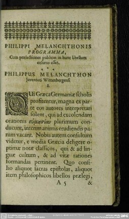 Philippi Melanchthonis Programma, cum praelectiones publicas in hunc libellum orsurus esset